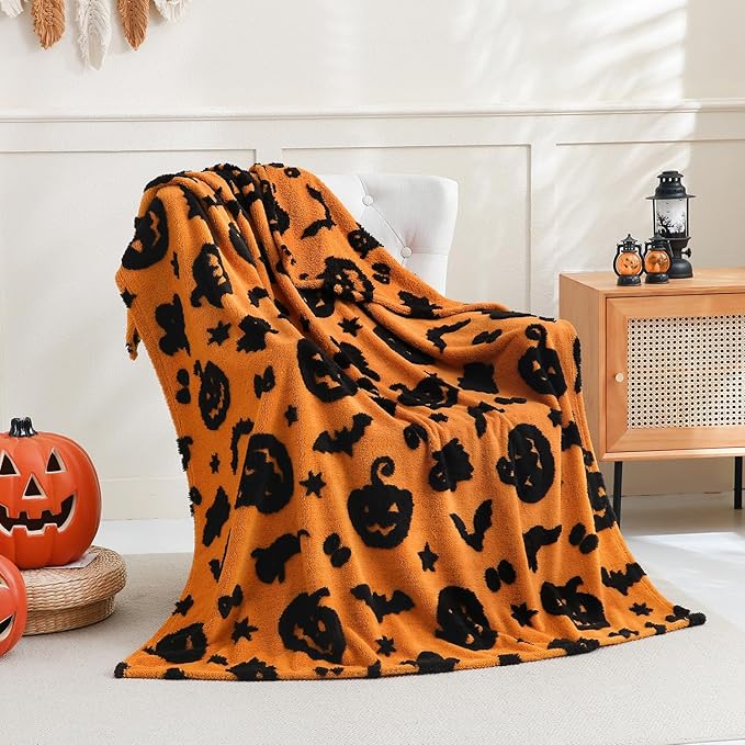 SOCHOW Halloween Jacquard Throw Blanket, Fuzzy Soft Cozy Warm Pumpkin Ghost Fall Decor Holiday Blanket for Couch, Sofa and Bed, 50 x 60 Inches, Orange/Black