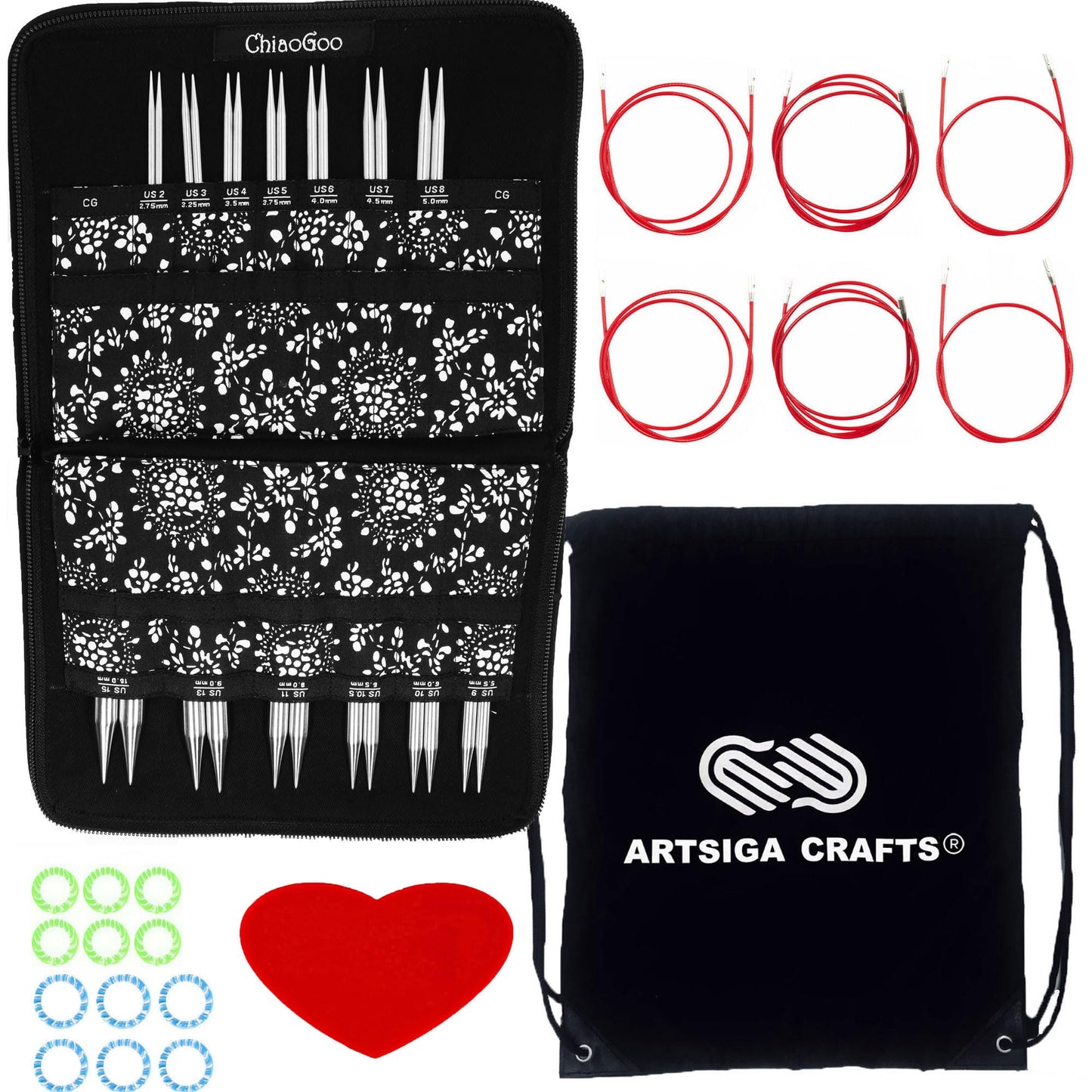 ChiaoGoo Twist Red Lace 4-Inch Complete 7400-C Interchangeable Circular Knitting Needle Set, Sizes US 2, 3, 4, 5, 6, 7, 8, 9, 10, 10.5, 11, 13, 15 with 6 Cords with Project Bag