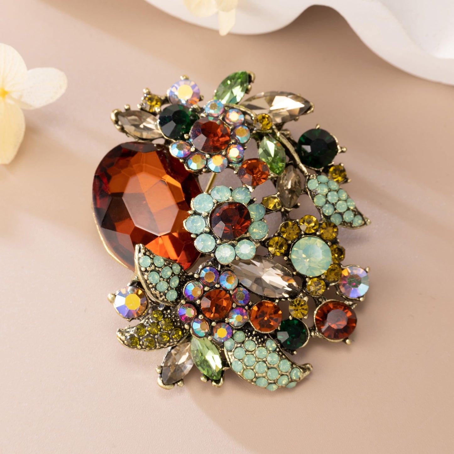 SELOVO Brown Rhinestone Glitter Flower Pendant Brooch Pin Jewelry Accessory Gold Tone