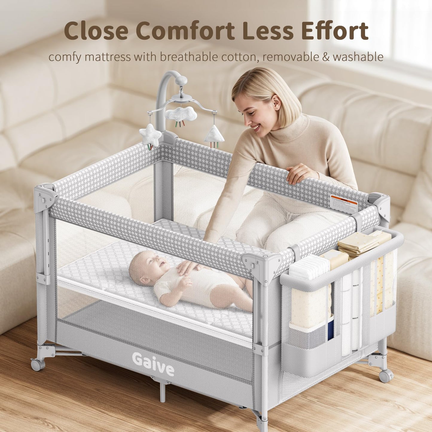 GAIVE 4 in 1 Baby Bassinet, One-Push Setup Pack and Play, Bedside Crib Sleeper with 3 Height Adjustable，Diaper Changer, Come with Comfy Mattress, Rotating Toy Bar, from Infants to Toddlers (Grey)