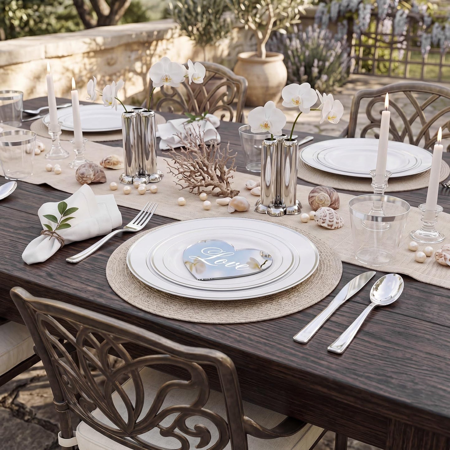 WDF 120PCS Plastic Plates White Silver Rim - Disposable Plates including 60PCS for Dinner 10.25inch, 60 Salad/Dessert Plates 7.5inch Heavy Duty Wedding Party Birthday