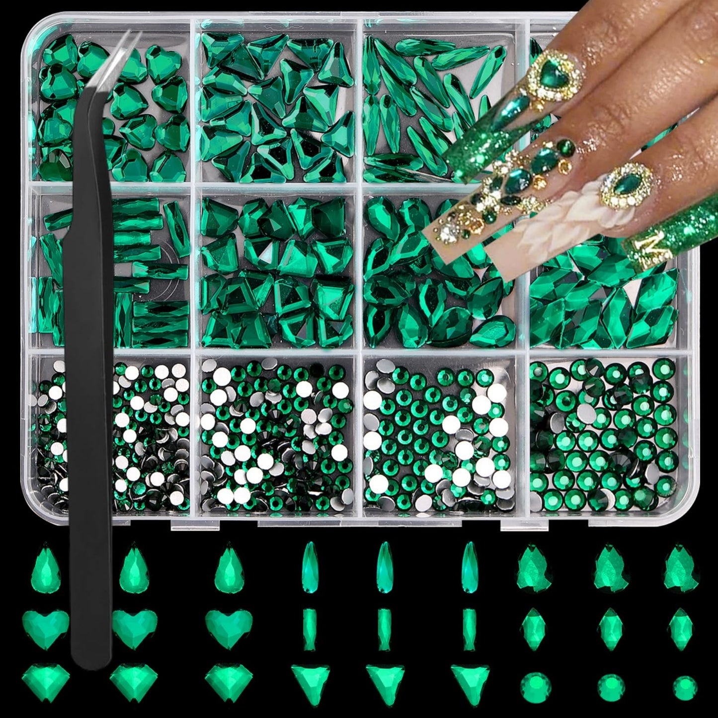 Green Nail Gems Big Glass Green Nail Charms Emerald Crystal Flatback Nail Jewels 3D Multi Shape Size Stones Diamonds Nail Rhinestones Clear Round Beads Gems for Nails Faces Eyes Makeup Crafts 12Grid