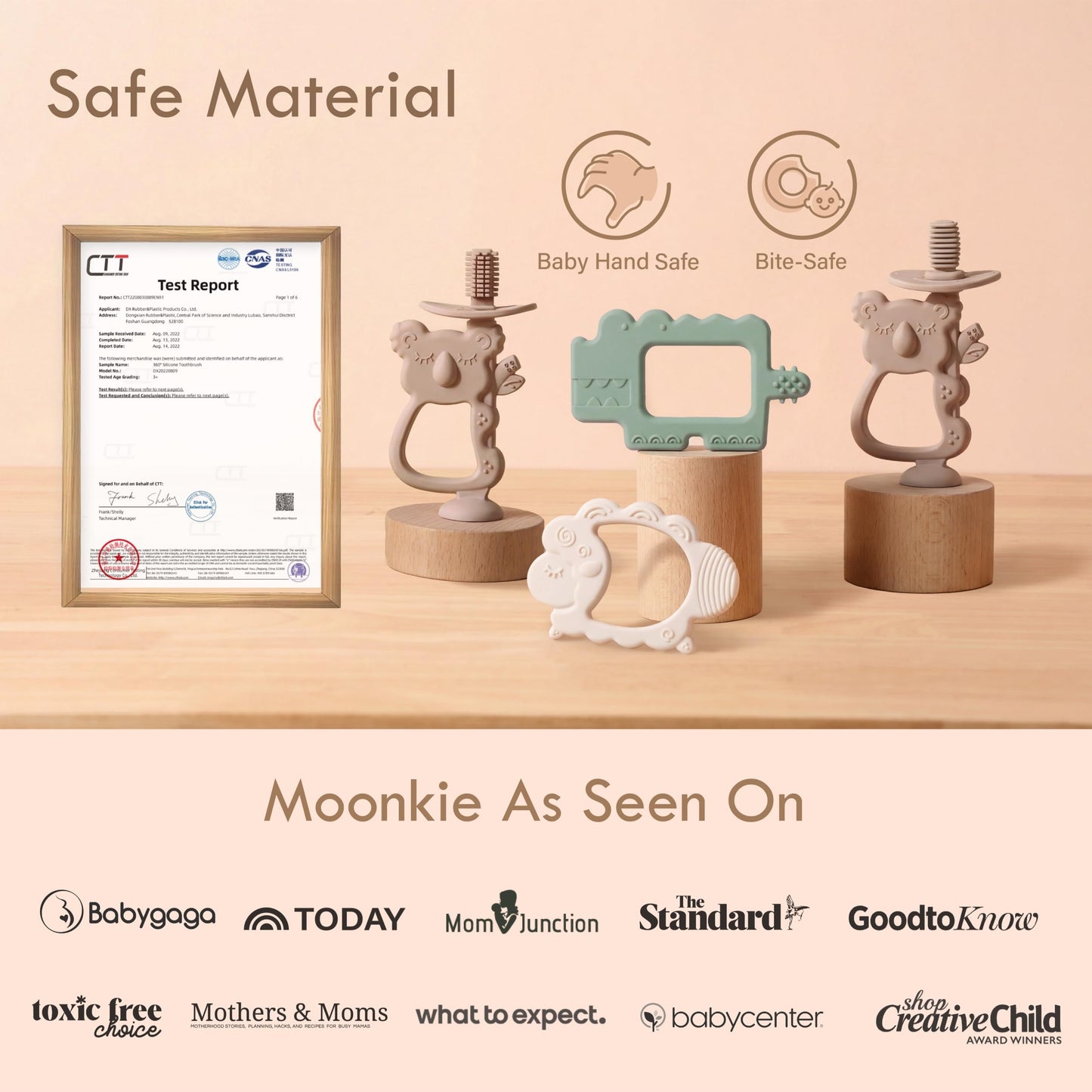 Moonkie Teething Toy, Safe & Easy to Hold BPA Free Silicone Teethers, 360° Baby Toothbrush with Suction Base, Teether Toys Best for Babies 6-12 Months (Koala Warm Taupe)