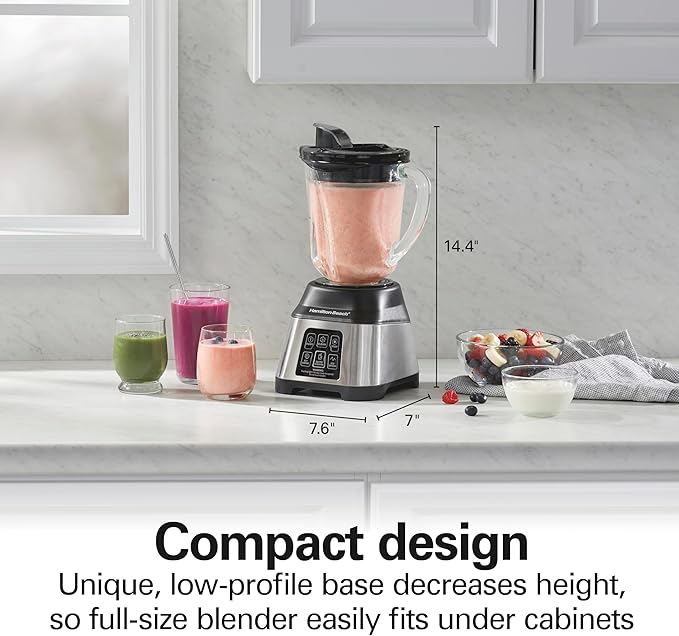 Hamilton Beach Blender for Smoothies with 5 Functions Including Auto Smoothie Cycle, Wave Action System for Ultra Smooth Results, 850 Watts, 40oz BPA Free Glass Jar, Stainless Steel (56208)