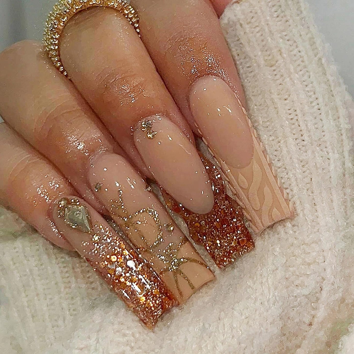 MISUD Press on Nails - Long Square Fake Nails with Gold Brown, Acrylic Bling Glitter Design 24 pcs