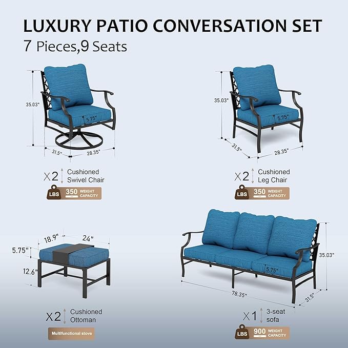 HERA'S HOUSE 7 Piece Patio Furniture Set, 2 x Swivel Chair, 2 x Leg Chair, 2 x Ottoman, 1 x 3-Seat Sofa, All Cushioned 9 Seats Metal Outdoor Conversation Set for Lawn Garden Backyard