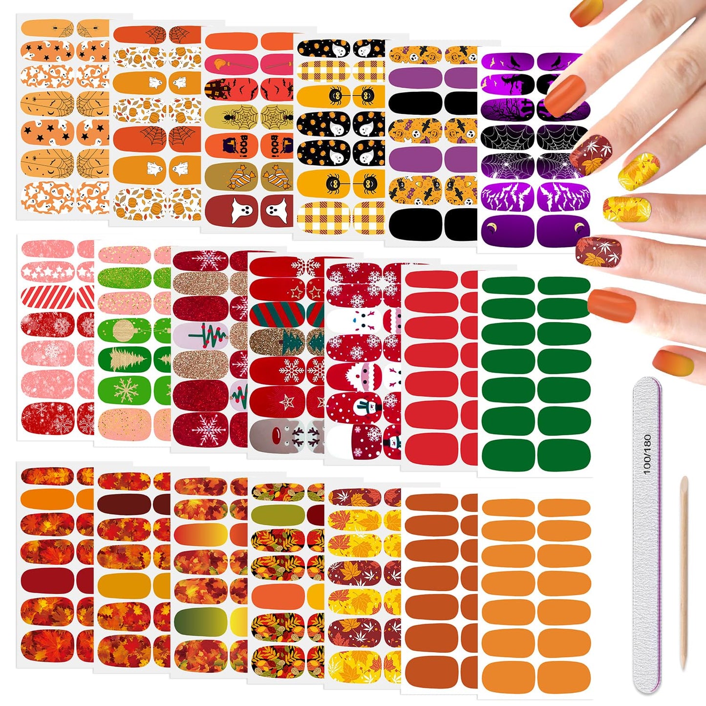 DANNEASY 280PCS/20 Sheets Nail Polish Strips - Halloween, Fall, Christmas Gel Nail Stickers Full Nail Wraps, UV Free | Easy to Stick | Adhesive Sticker Nails for Women with 1 File, 1 Cuticle Stick