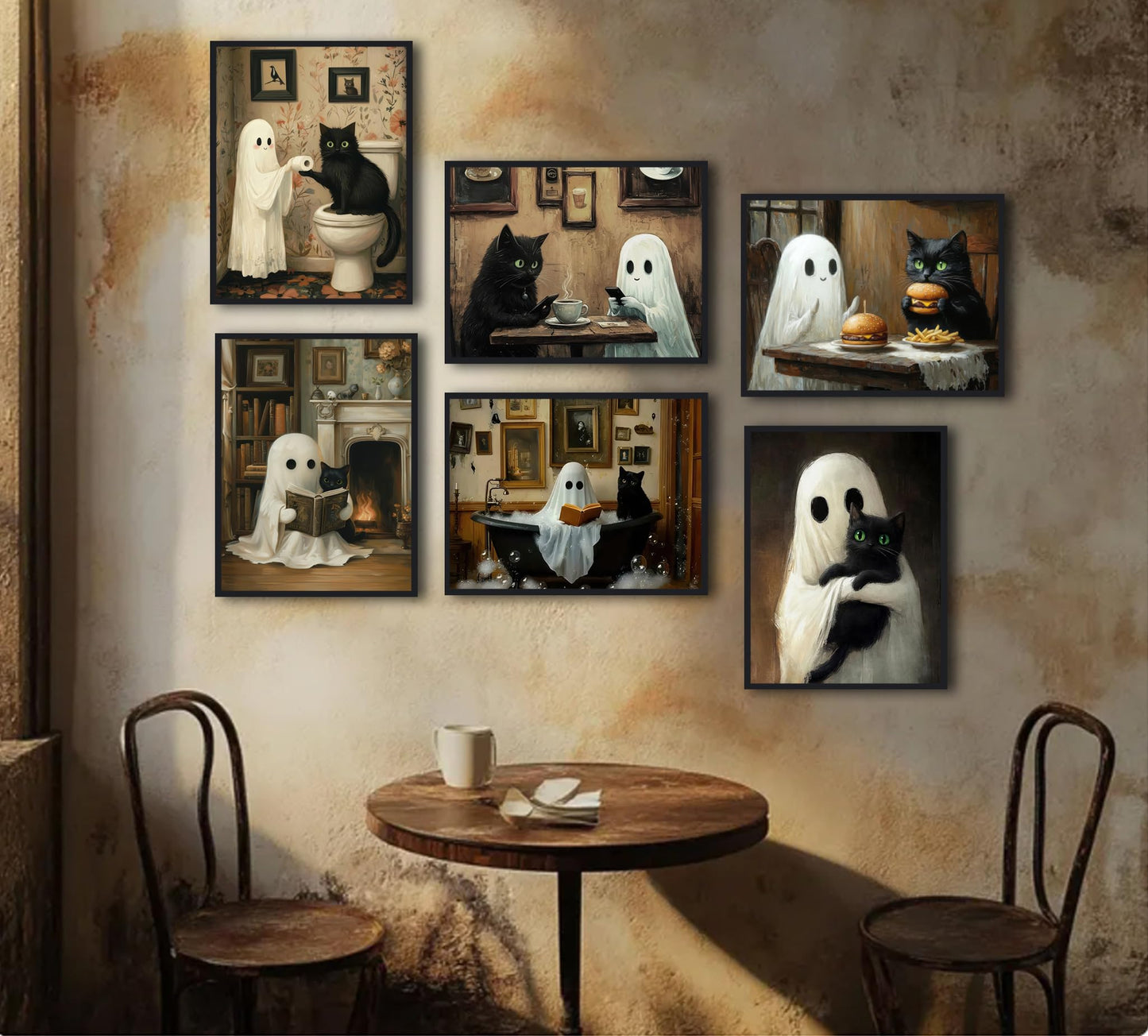 6Pcs Halloween Ghosts Wall Art Ghost Black Cat Funny Gothic Wall Decor Pictures Retro Horror Creepy Dark Academia Poster Prints for Bedroom Gallery Bar Home Decoration 8x10in Unframed