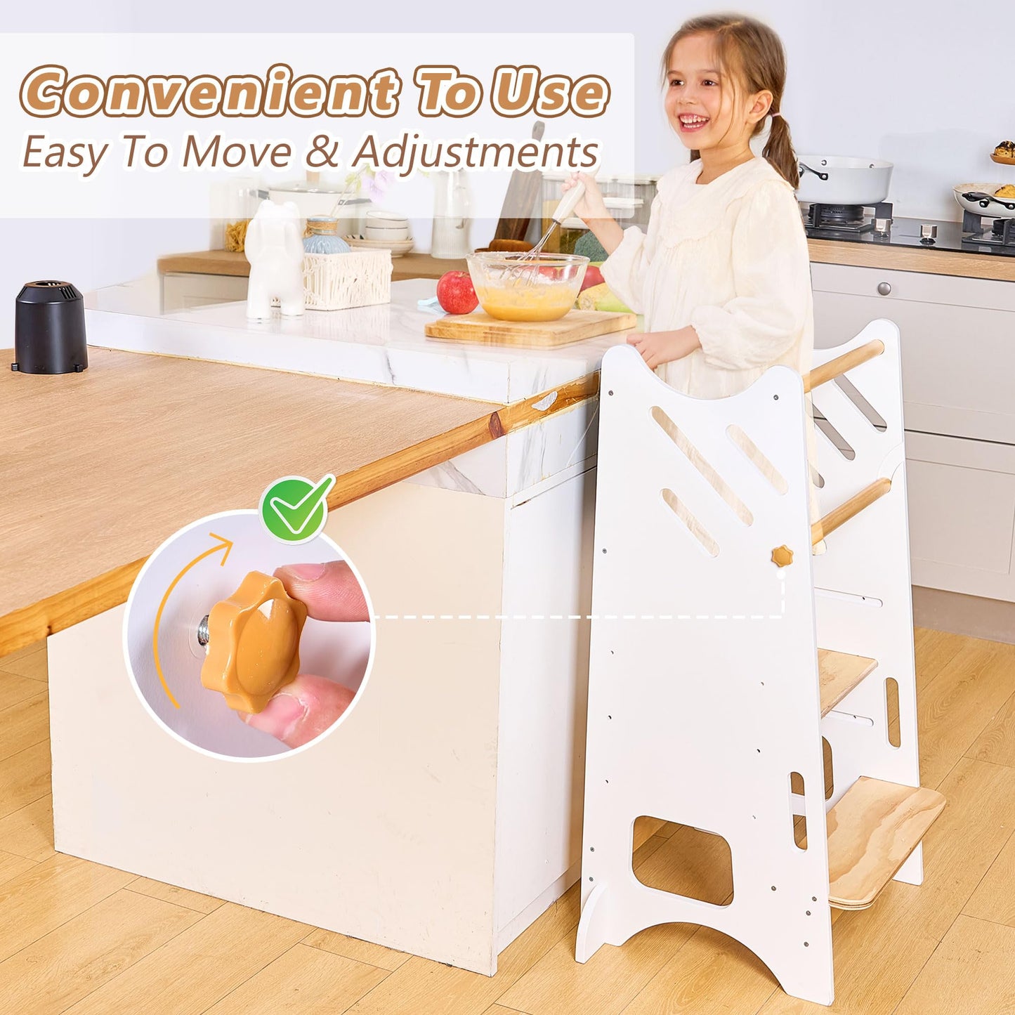 Toddler Standing Tower with Safty Rail & Non-Slip Pads, 3 Height Adjustable Toddler Tower with Chalkboard, Great for Kitchen Activities, Hand Washing & Creative Play, White