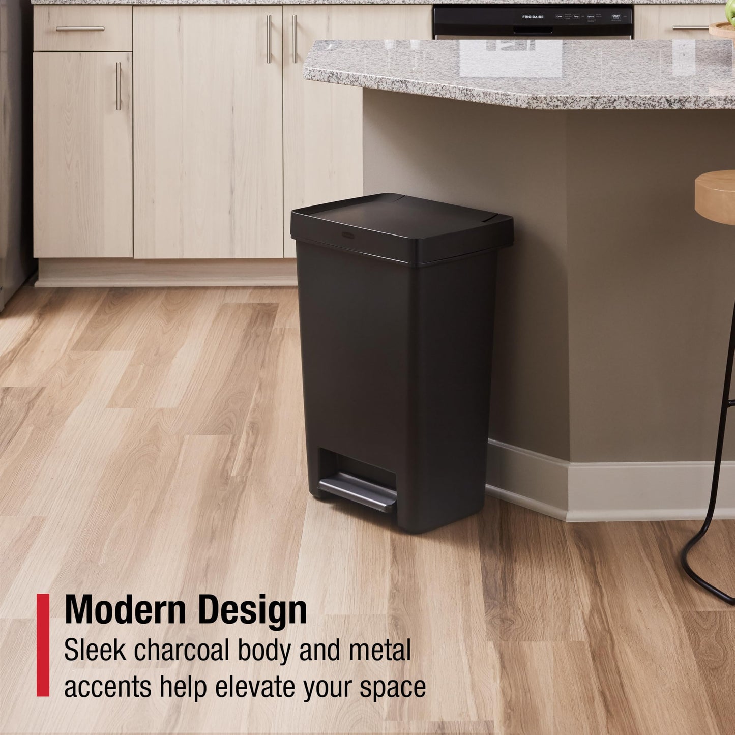 Rubbermaid Premier Series II Step-On Trash Can for Home and Kitchen, with Lid Lock and Slow Close, 12.4 Gallon, Charcoal, for Home/Kitchen/Garage/Apartment/Office