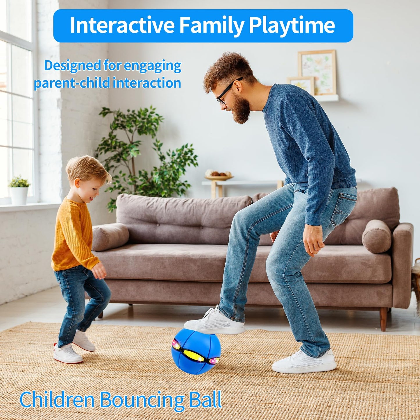 2PCS Magic Bouncing Ball, Magic Meta - Ball, Children's Magic Bouncing Balls, Dual Form Flying Saucer, Parent-Child Interaction with 3 Light Suitable for Indoor & Outdoor Play Green and Blue