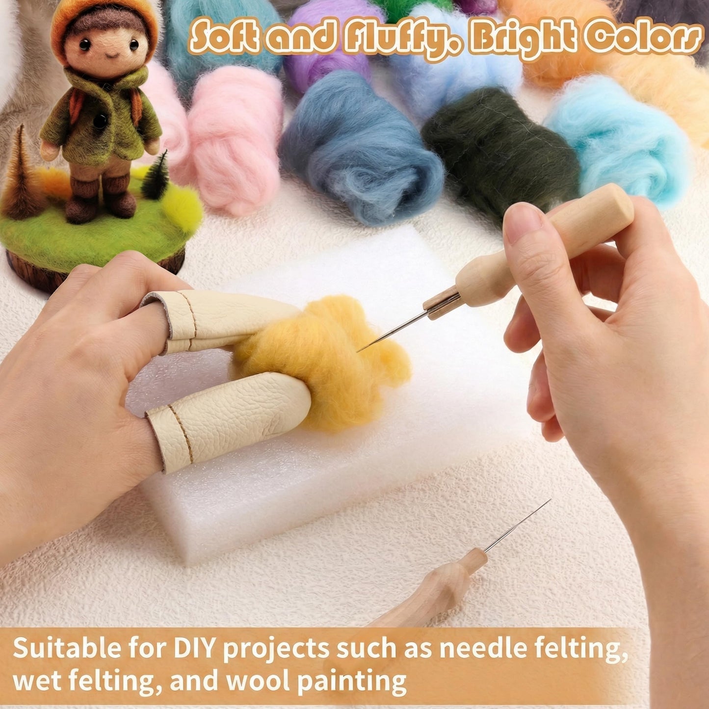 DF DUALFERV Needle Felting Kit with 40 Colors of Premium Felting Wool - Fluffy, Textured Wool Roving with Strong Plasticity for Felted Animal
