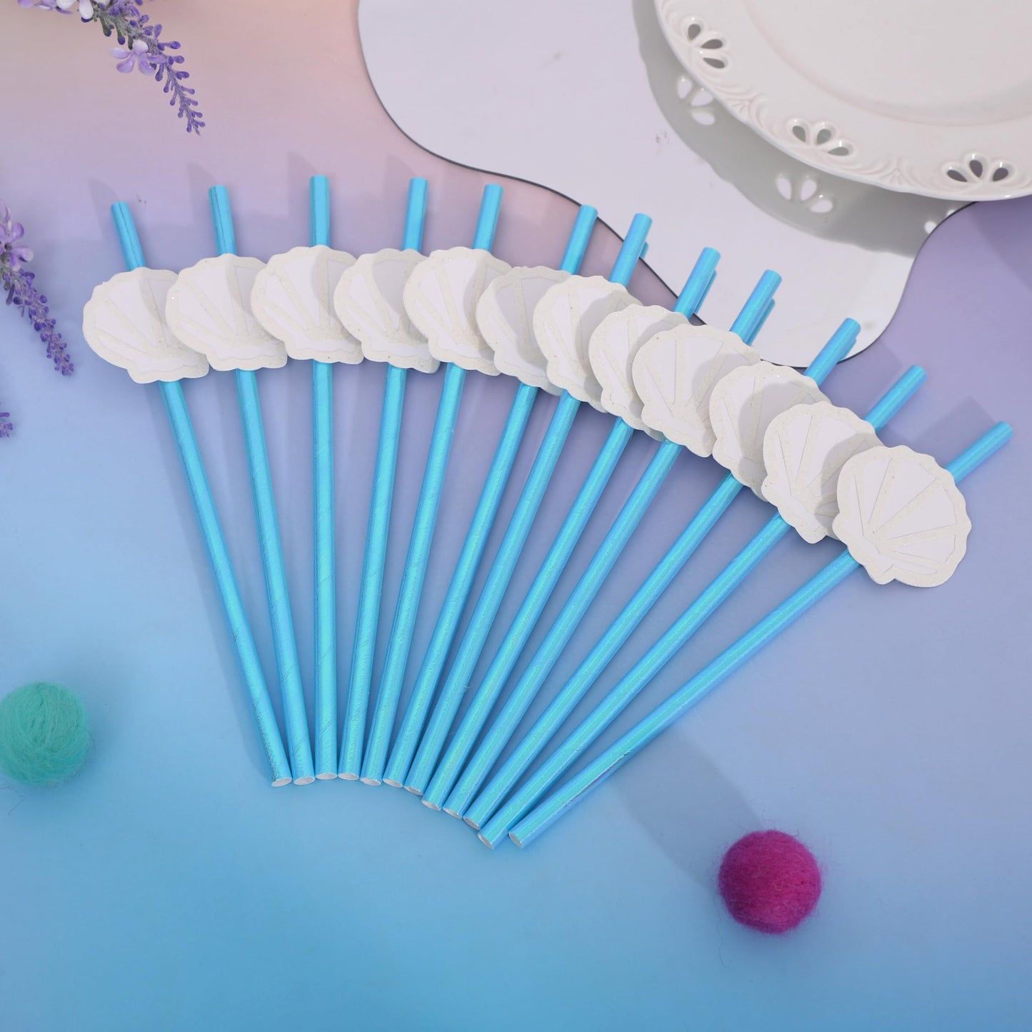 12Pcs White Shell Blue Straws - Ocean Birthday Wedding Decorations,Shell Disposable Drinking Paper Straws,Last Toast on the Coast Party Decorations,Seashells Bachelorette Party Centerpieces