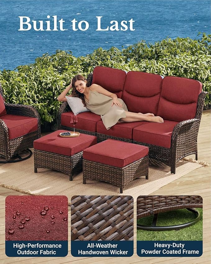 HILLGA Luxury Patio Furniture Set with 6-Inch Thick Cushions, High Back Outdoor Swivel Rocker Chairs and Patio Couch, 6-Piece All Weather Conversation Set for Porch Deck Pool Yard, Burgundy (V3)