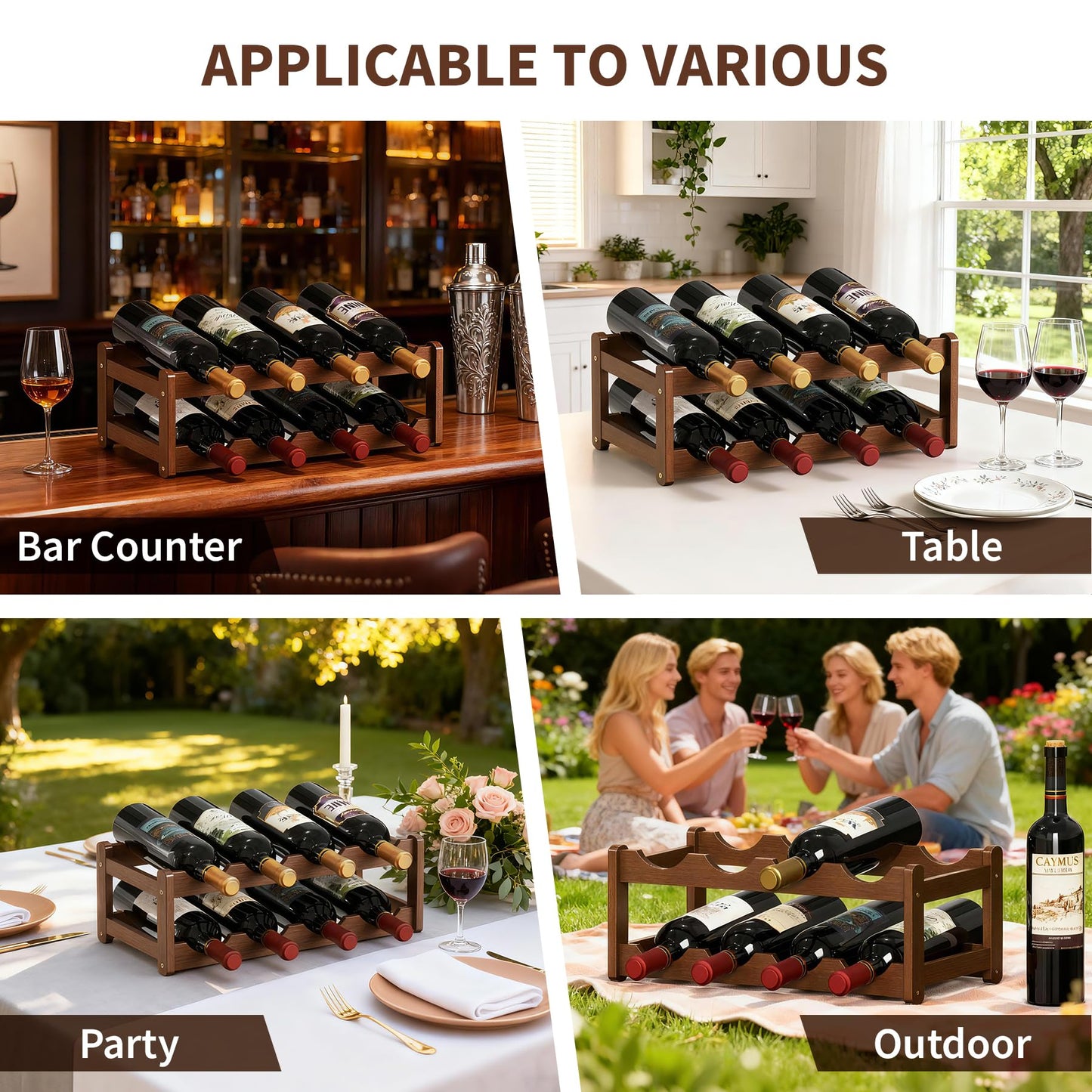 CAMOAT Wine Rack |Open & 2-Tier Bamboo Wine Holder| Freestanding Floor & Countertop Wine Display-Space-Saving Wooden Wine Storage Shelf for Kitchen, Cabinets,Bar & Dining Room(1, 2-Tiers)