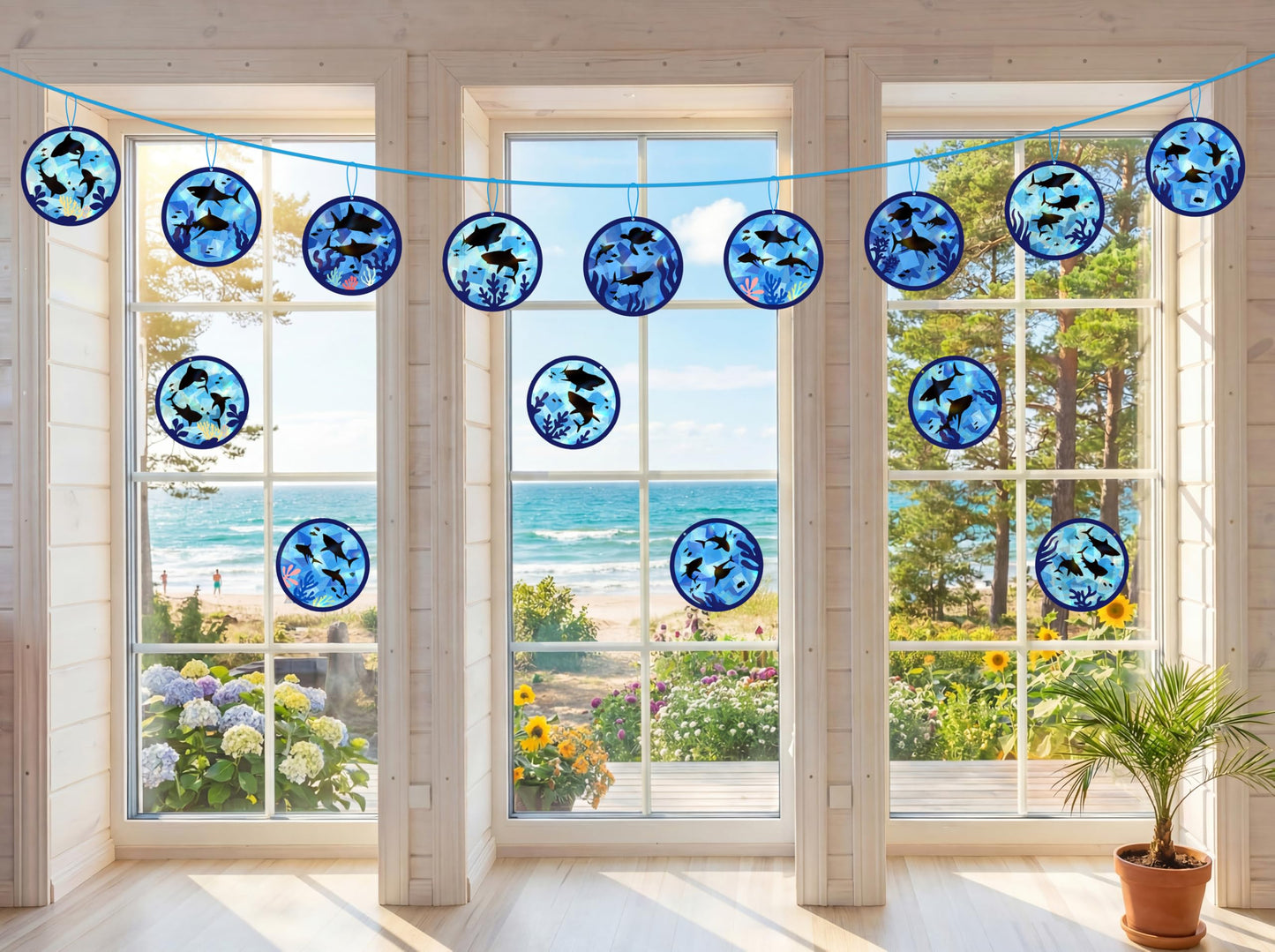 Renbuzhu 48PCS Summer Crafts: Paper Shark Suncatchers DIY Kits, Window Stained Glass Effect Art Supplies