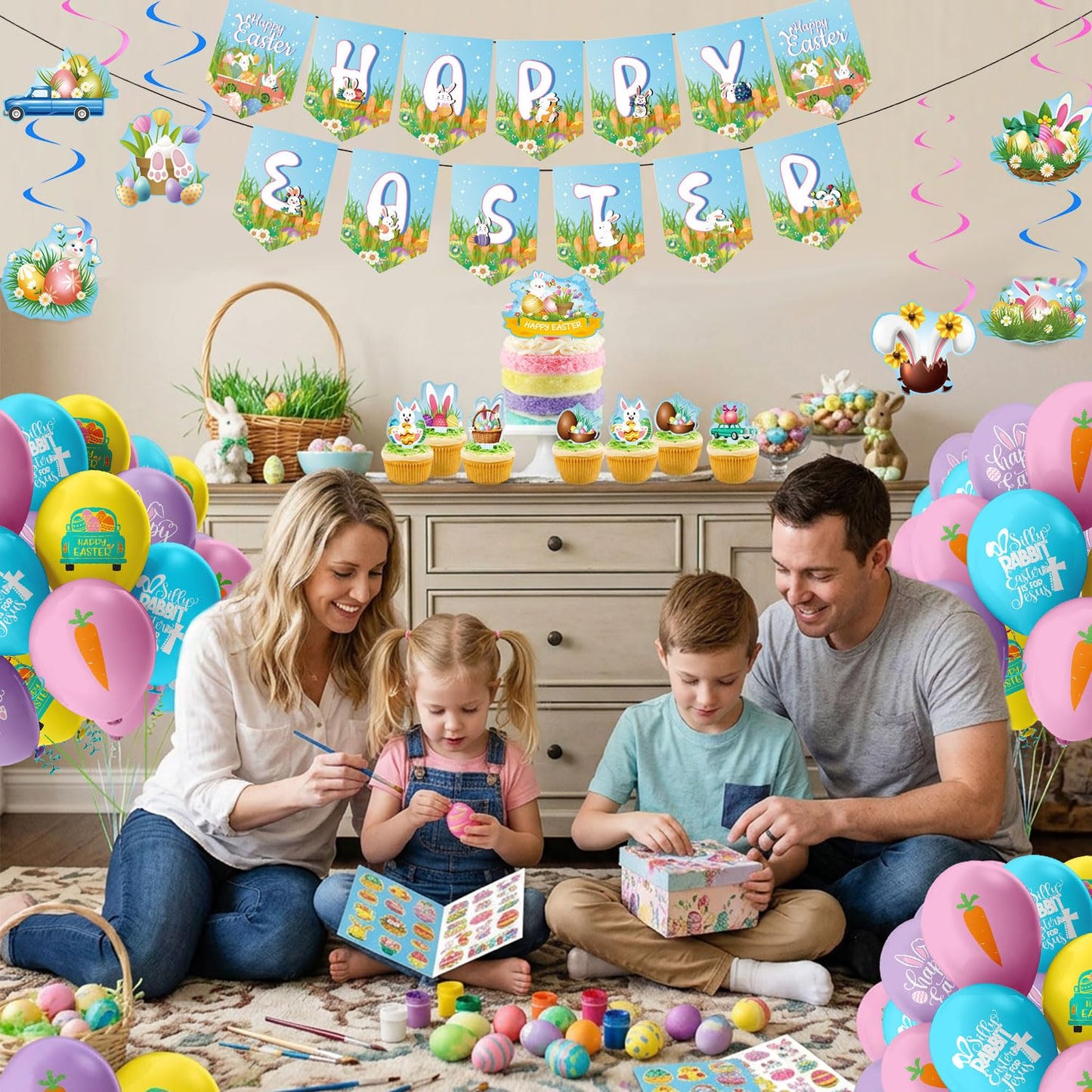 Favuit Happy Easter Party Decorations Kit, Easter Egg Bunny Party Supplies with Banner, Cake Topper, Cupcake Picks, Balloons, Stickers & Hanging Swirls for Home & Classroom