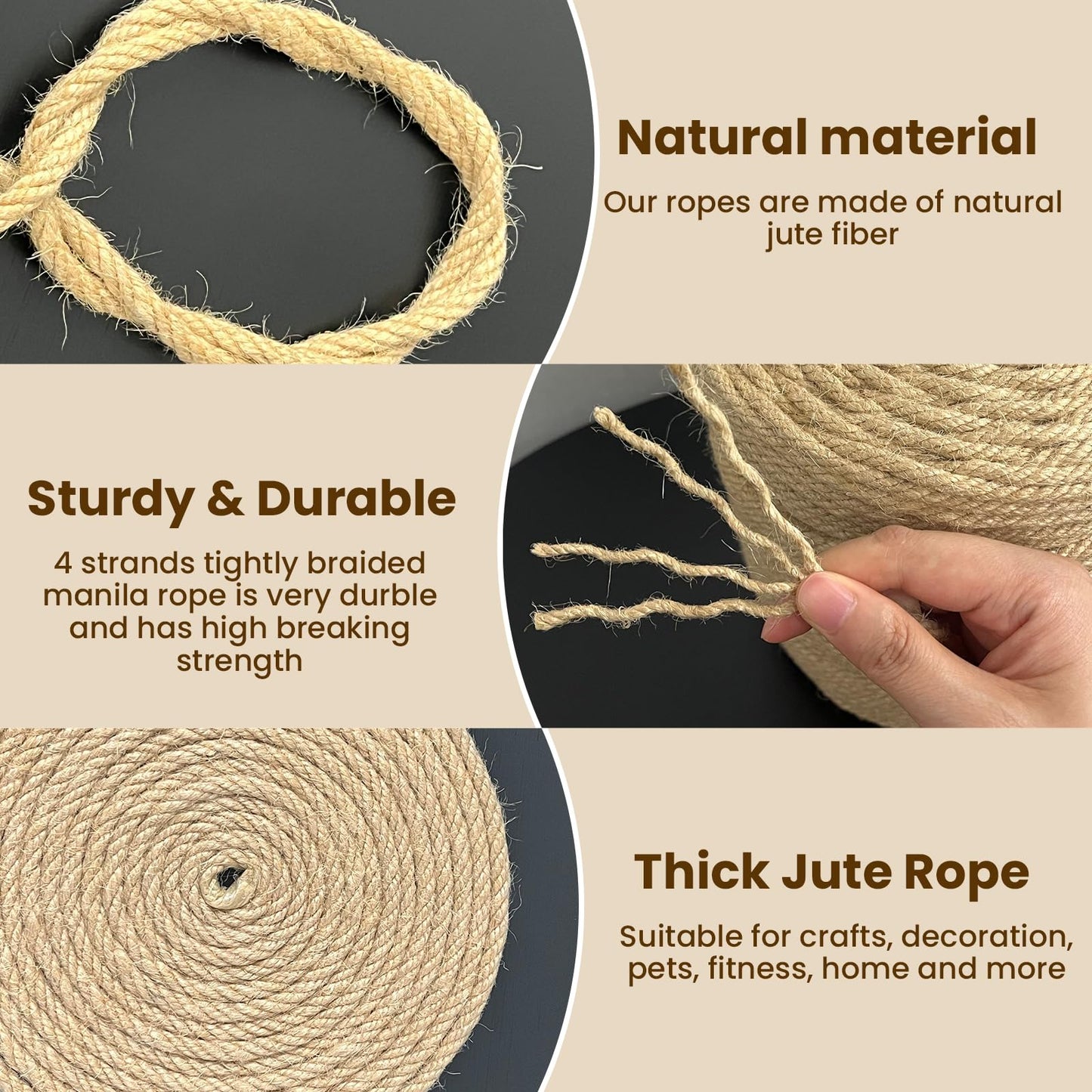 Natural Jute Twine 5mm x 328ft, 4Ply Twisted Heavy Duty Rope Roll for Gardening, Crafting, Bundling, Cat Scratching Post, Home Decor, Christmas Decorations