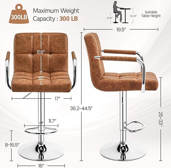 Yaheetech Bar Stools Set of 2, PU Leather Adjustable Swivel Barstools, Hydraulic Kitchen Counter Height Bar Chairs with Armrest and Back for Kitchen, Dining Room, Retro Brown