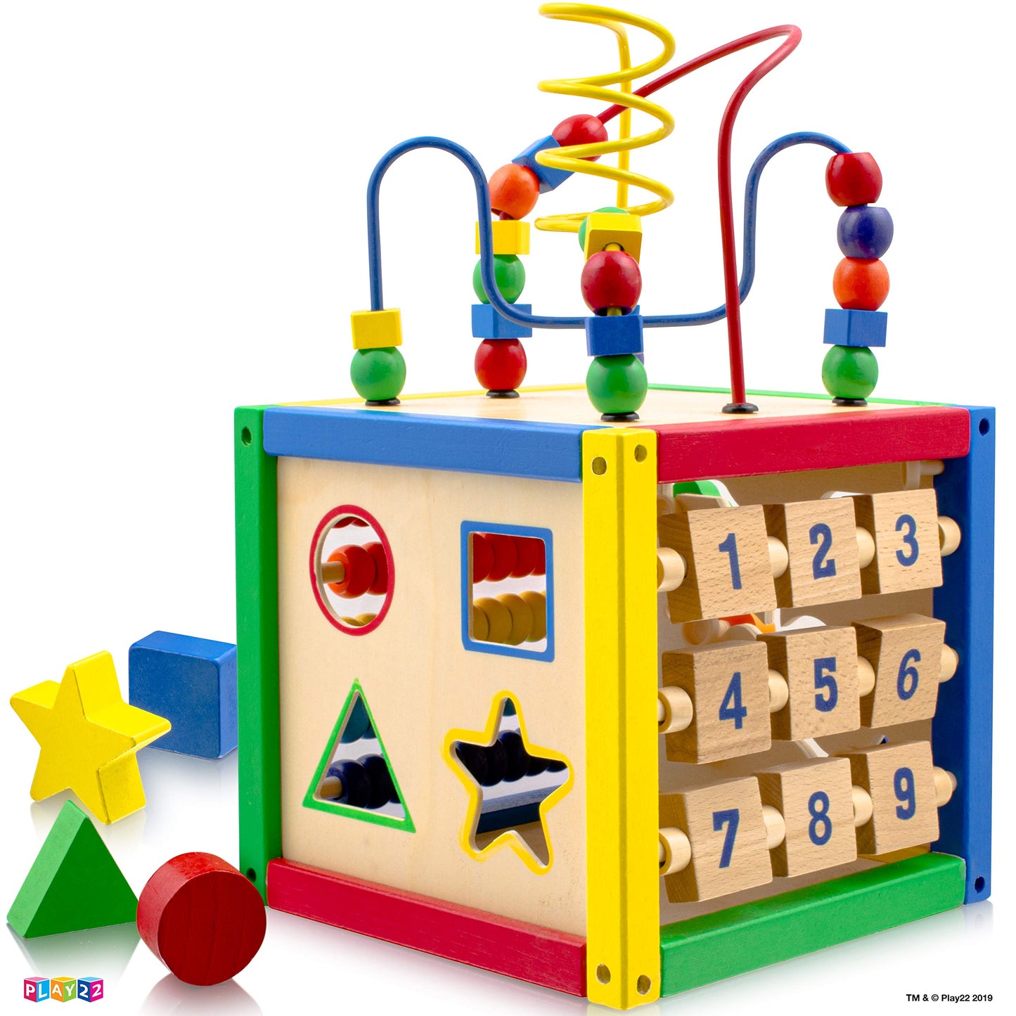 Play22 Wooden Activity Cube for Baby - 6 in-1 Baby Activity Play Cube with Bead Maze, Shape Sorter, Abacus Counting Beads, Counting Numbers, Sliding Shapes, Removable Bead Maze, 8Pcs Stacking Cups