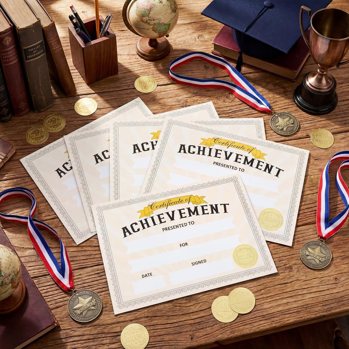 Cunno 12 Set 2" Achievement Award Medals with Neck Ribbons Recognition Medals with Achievement Certificate Embossed Gold Stickers Prize Gift Kits for Tournaments Competitions Party Students