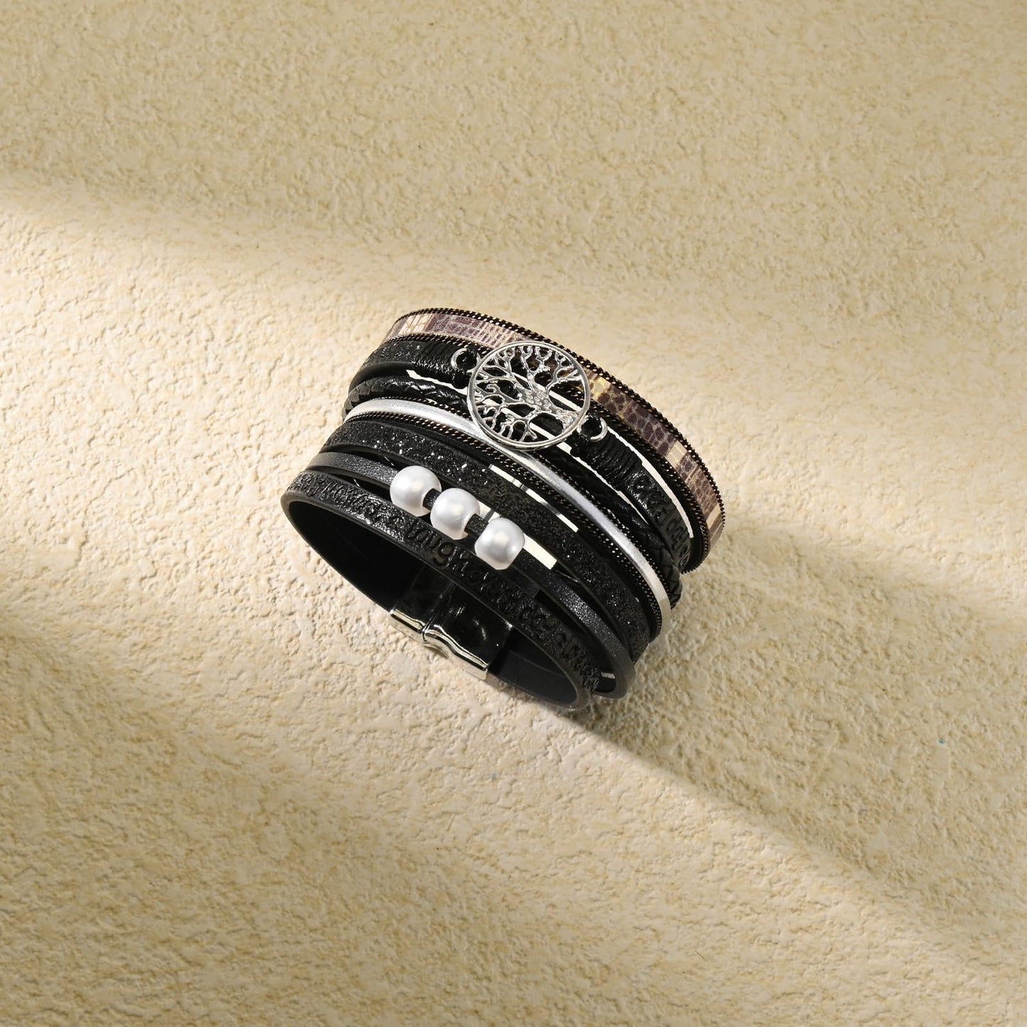 VIBILIA Boho Leather Wrap Bracelets for Women Tree of Life Multi-Layer Bracelets with Strong Clasp Jewelry for Women-Black