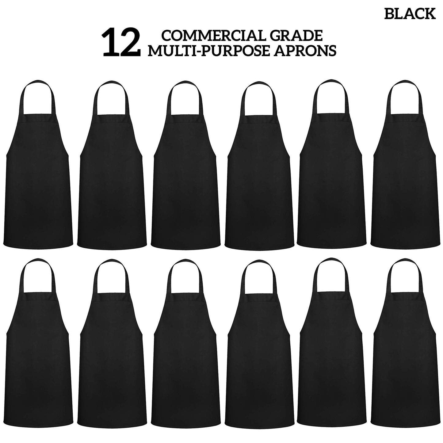 GREEN LIFESTYLE 12 Pack Bib Apron - Unisex Black Aprons, Machine Washable Aprons for Men and Women, Kitchen Cooking BBQ Bulk (Pack of 12, No Pockets, Black)
