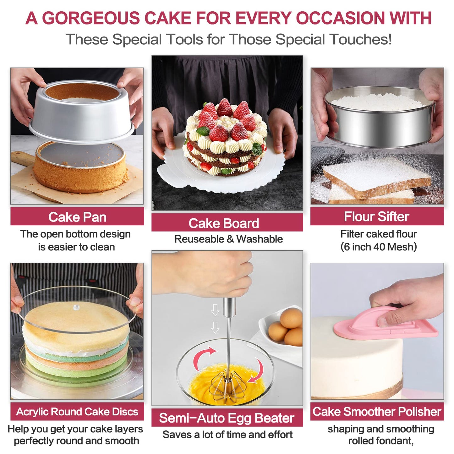Aluminum Alloy Revolving Cake Stand & Carrier - 268PCS Kit with 54 Piping Tips, Acrylic Cake Discs, Various Spatulas