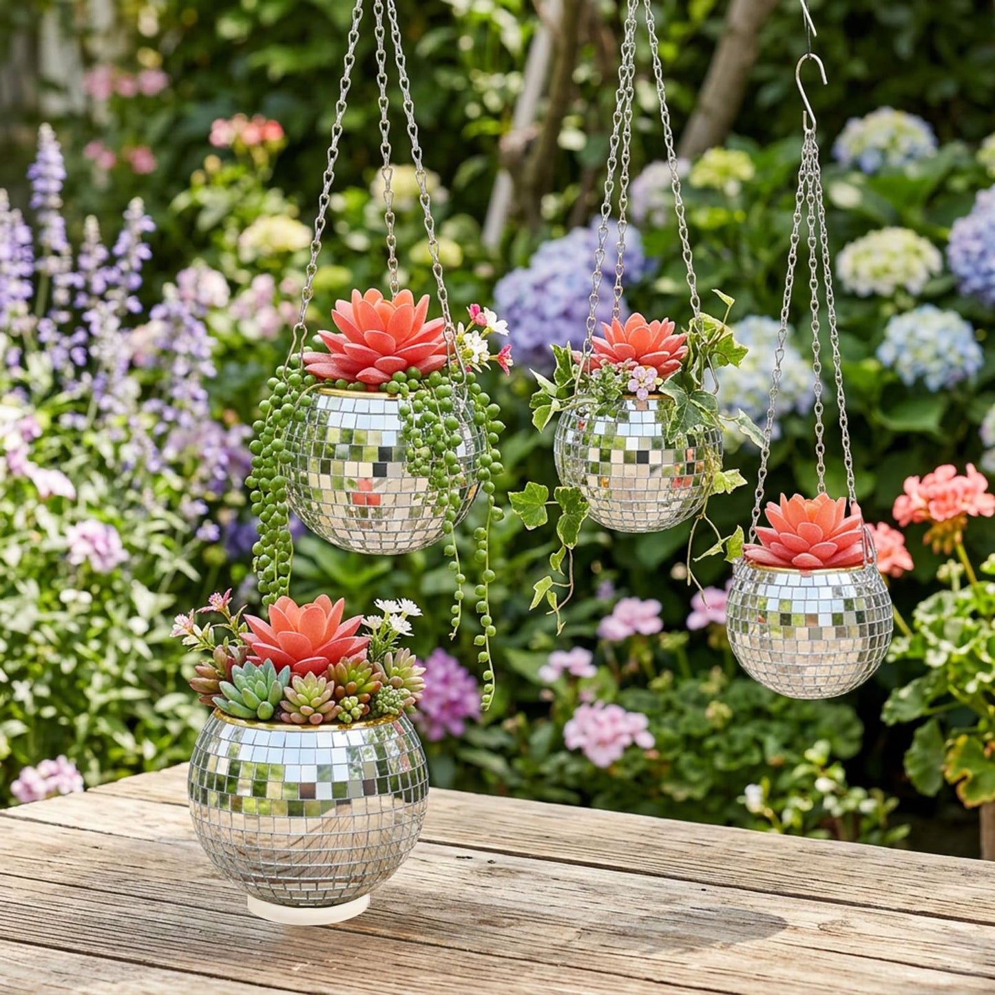 Ubamdom 3 Pcs Hanging Disco Ball Planter, Sliver Disco Mirror Ball Planter with Chain, Home Boho Hanging Planter for Indoor Outdoor Plants, 4Inch