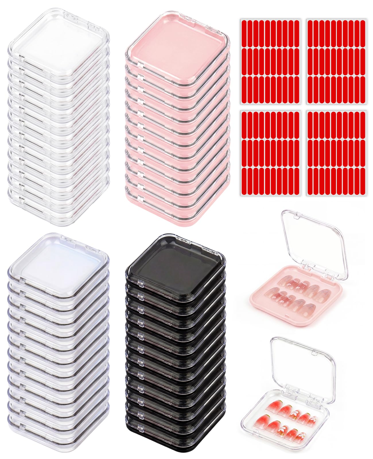 PASDUCHAS 48 Pcs Nail Boxes for Press Ons, Fake Nail Storage Case Packaging Container with 120 Adhesive Double Sided Tape