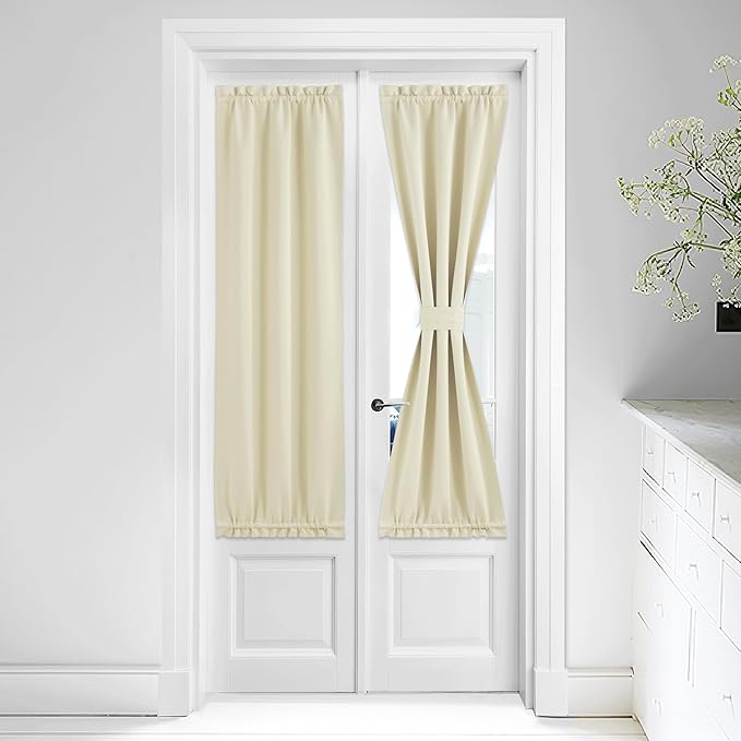 NICETOWN Sidelight Door Curtain - Farmhouse Blackout Patio Panel Thermal Insulated Top and Bottom Rod Pocket French Door Curtain for Privacy Bonus Tiebacks, 25 x 64-inch, Light Beige, Single Piece