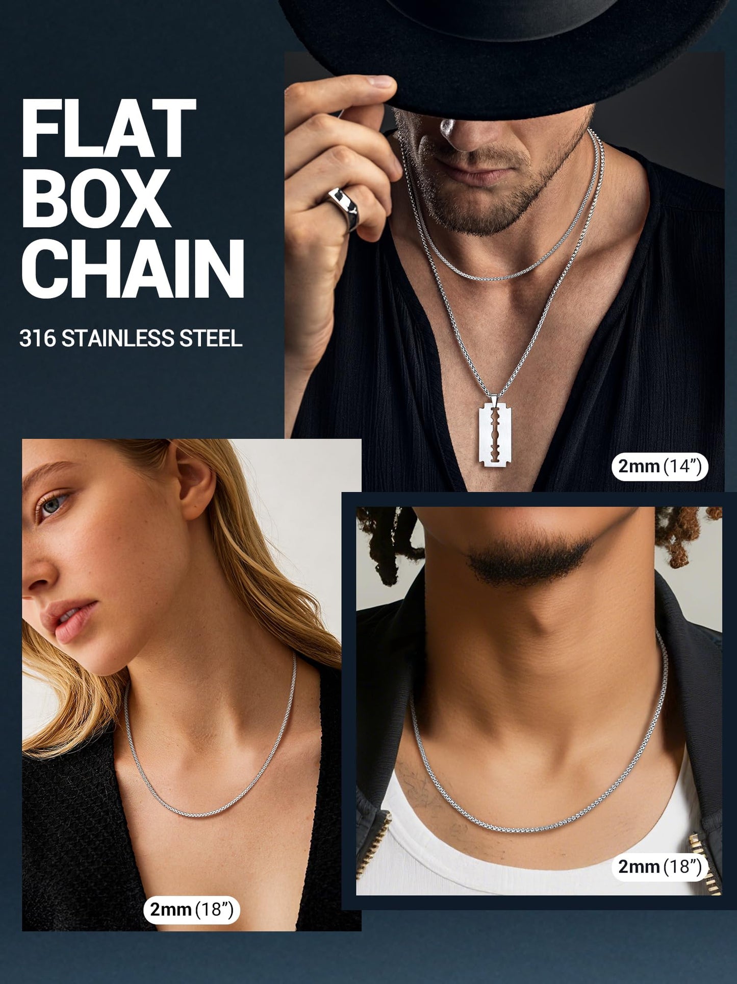 PROSTEEL Mens Chains Silver Stainless Steel Necklace for Men Flat Chain Sturdy and Durable 22inch