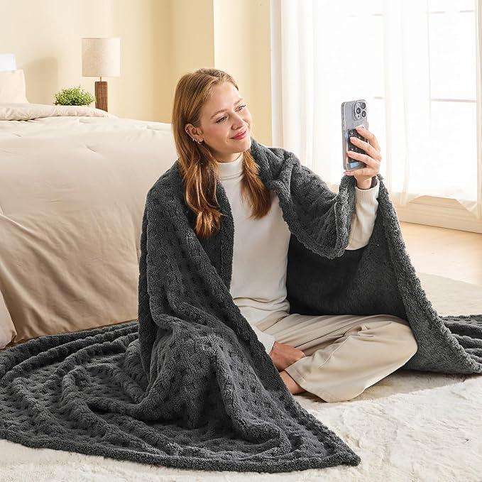 NEWCOSPLAY Super Soft Throw Blanket Grey Premium Silky Flannel Fleece 3D Waffle Checkered Lightweight Bed Blanket All Season Use (Dark Grey, Throw(50"x70"))
