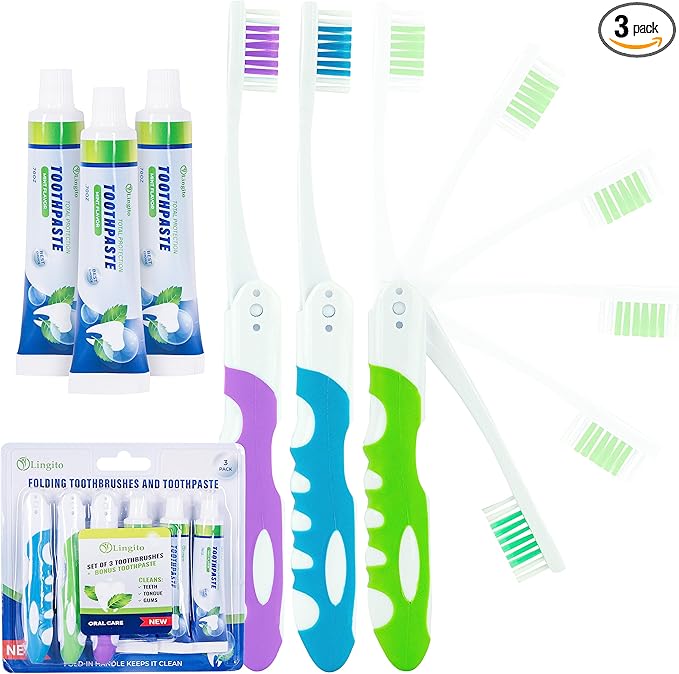 Portable Toothbrush Kit with Toothpaste, Built-in Cover, Folding Collapsible Travel Toothbrush (3 Pack - Medium)