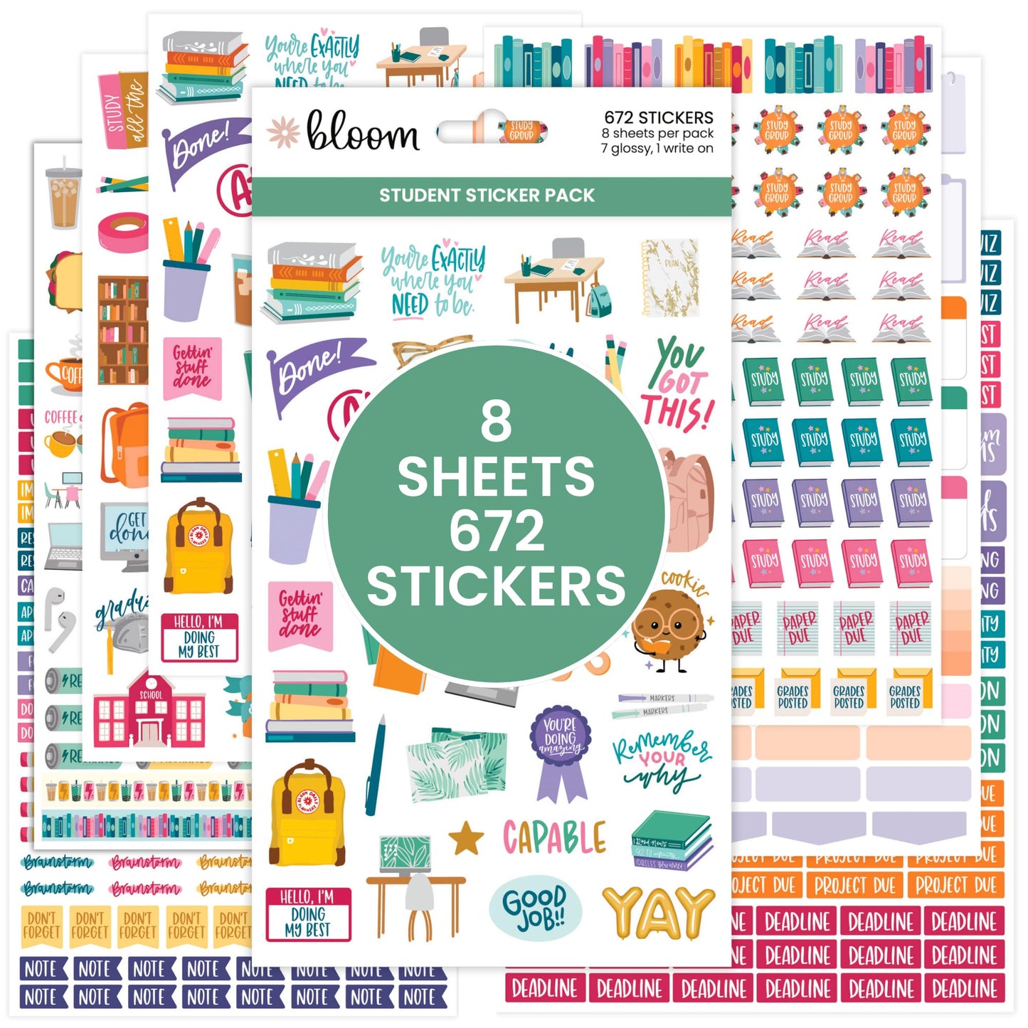 bloom daily planners Student Planner Stickers - 8 Sheets / 672 Stickers - Essential School Themed Variety Pack for Academic Year Planning - Icons & Illustrations to Track Assignments, Exams, & More