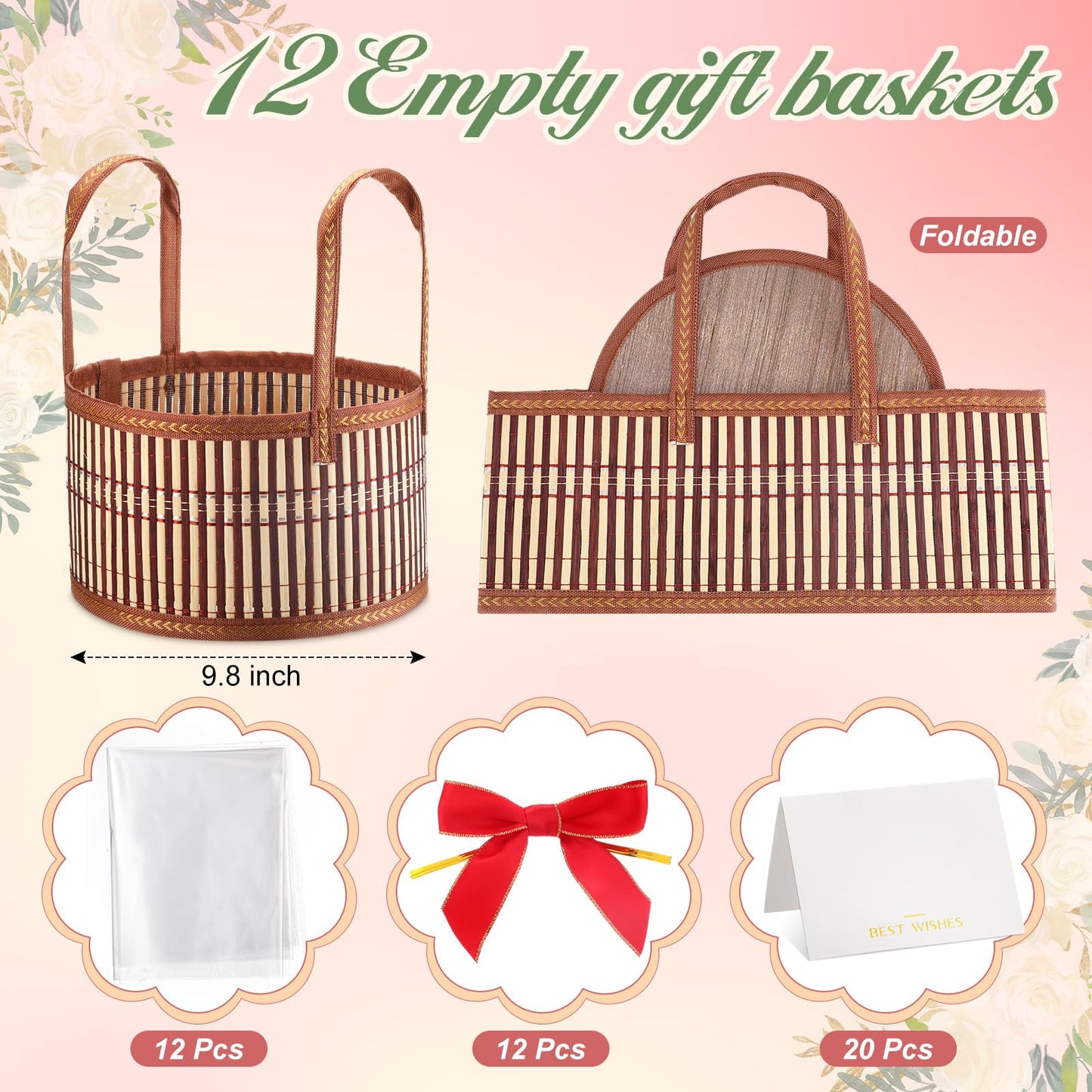 Weysat 12 Set Baskets for Gifts Empty Graduation DIY Bulk Large Woven Bamboo Gift Basket Kit with Handle Bow Wrap Bag to Fill for Father's Day Wedding Birthdays Party Wrapping (Brown)