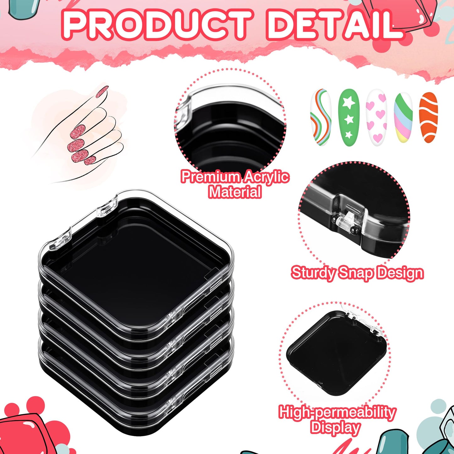 AceOrbit Press on Nail Boxes with 180 Pcs Adhesive Double Sided Tape Acrylic Press on Nail Packaging Cases Transparent Storage Case Organizer for Display Art Salon Supplies(Black,48 Pcs)