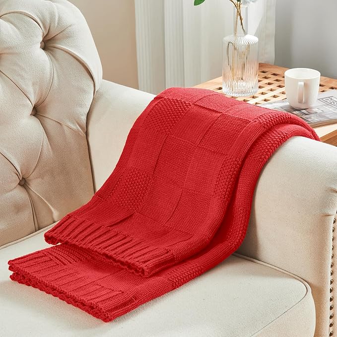 CozeCube Check Knit Throw Blanket, Christmas Red Checkered Bedroom Blanket for Couch, Soft Cozy Warm Knitted Blanket for Bed Sofa Living Room, Decorative Spring Fall Throw Blanket, 50"X60"