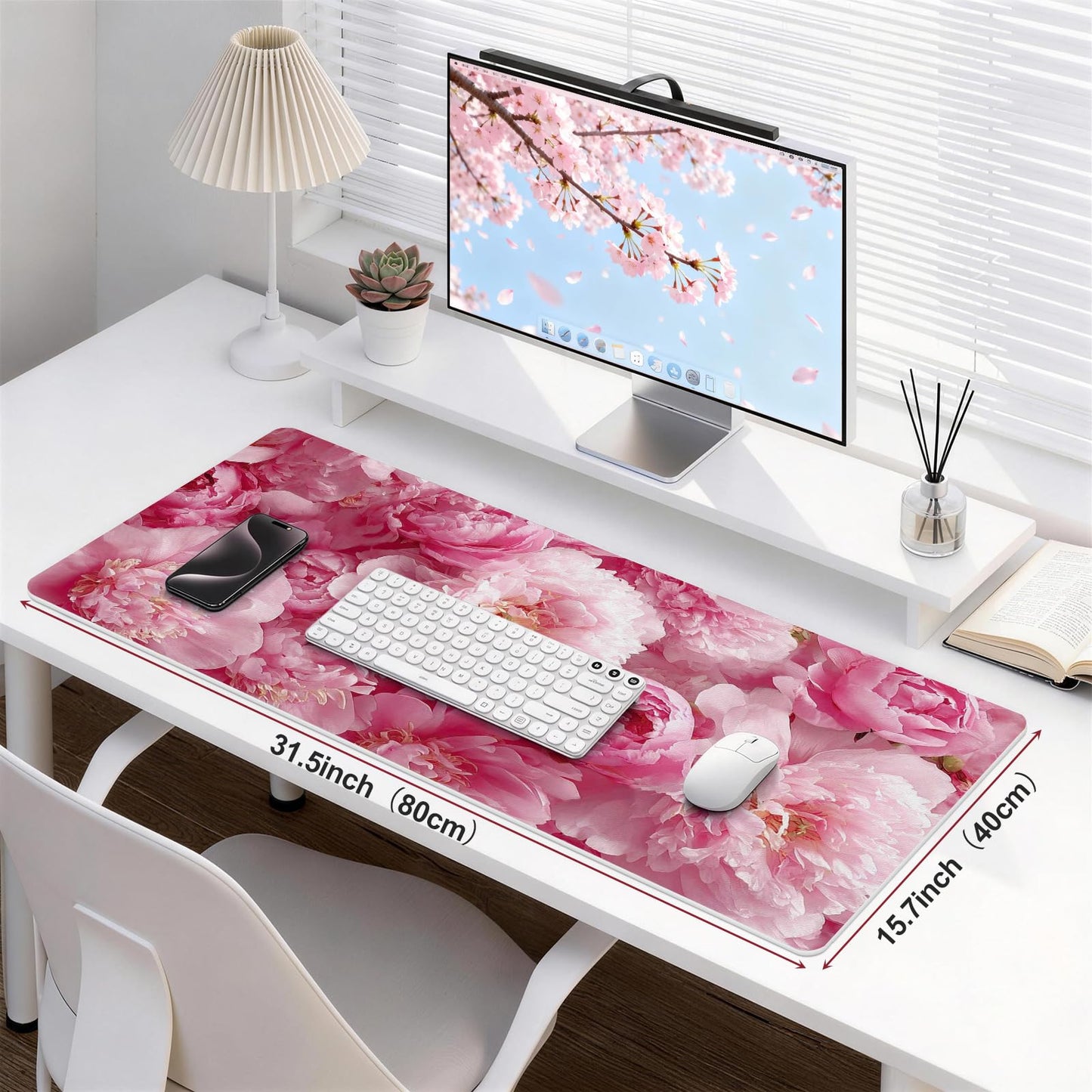 UGYAZX Desk Mat Desk Pad for Keyboard and Mouse, 31.5 x 15.7 in, Pink Peony Floral PU Leather Computer Protector, Non-Slip Base, Waterproof, Easy Clean for Office Gaming, Mouse Pad