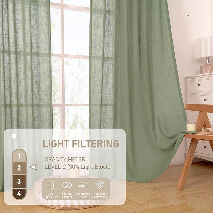 LAMIT Linen Semi Sheer Curtains 96 inches Long 2 Panels Set, Light Filtering Panels Back Tab and Rod Pocket Floor to Ceiling Curtains for Bedroom/Living Room, Sage Green, 52 x 96 Inch