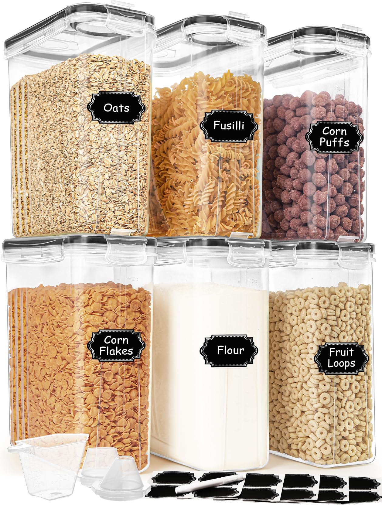 HKJ Chef Cereal Containers Storage Set (4L / 135.2oz), 6PCS Airtight Food Storage Containers with Lids, Cereal Dispensers for kitchen Pantry Organizers and Storage with Pour Spout, 20 Labels, Marker