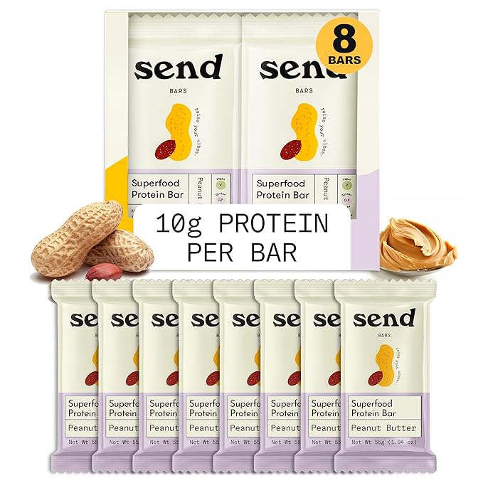 Send Bars Plant-Based Vegan Healthy Protein Bars, With Greens (Peanut Butter, 8 Bars) – Only Real Ingredients, Zero Added Sugar, Gluten-Free, Dairy-Free