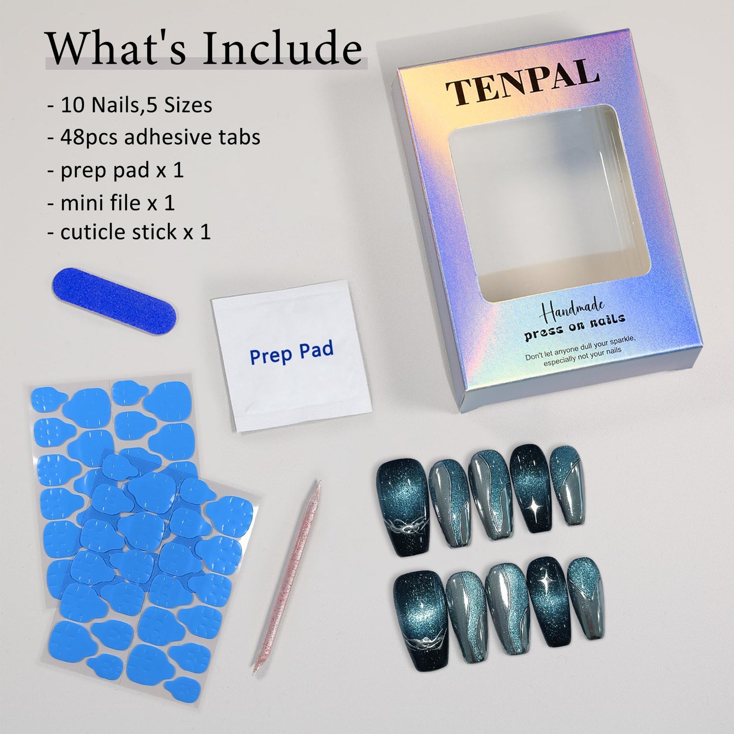 TENPAL 10Pcs Handmade Metallic Dark Blue Black Galaxy Cat Eye Press On Nails Coffin With Tools| 3D Wave Star Relief Punk Glitter Chrome Designs(XS)