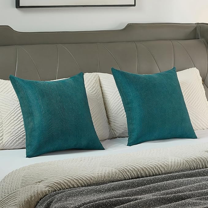 FUTEI Teal Chenille Throw Pillow Covers 18x18 Inch Set of 2,Soft Wide Chevron Textured Cushion Case,Farmhouse Home Decor for Couch Bed Living Room