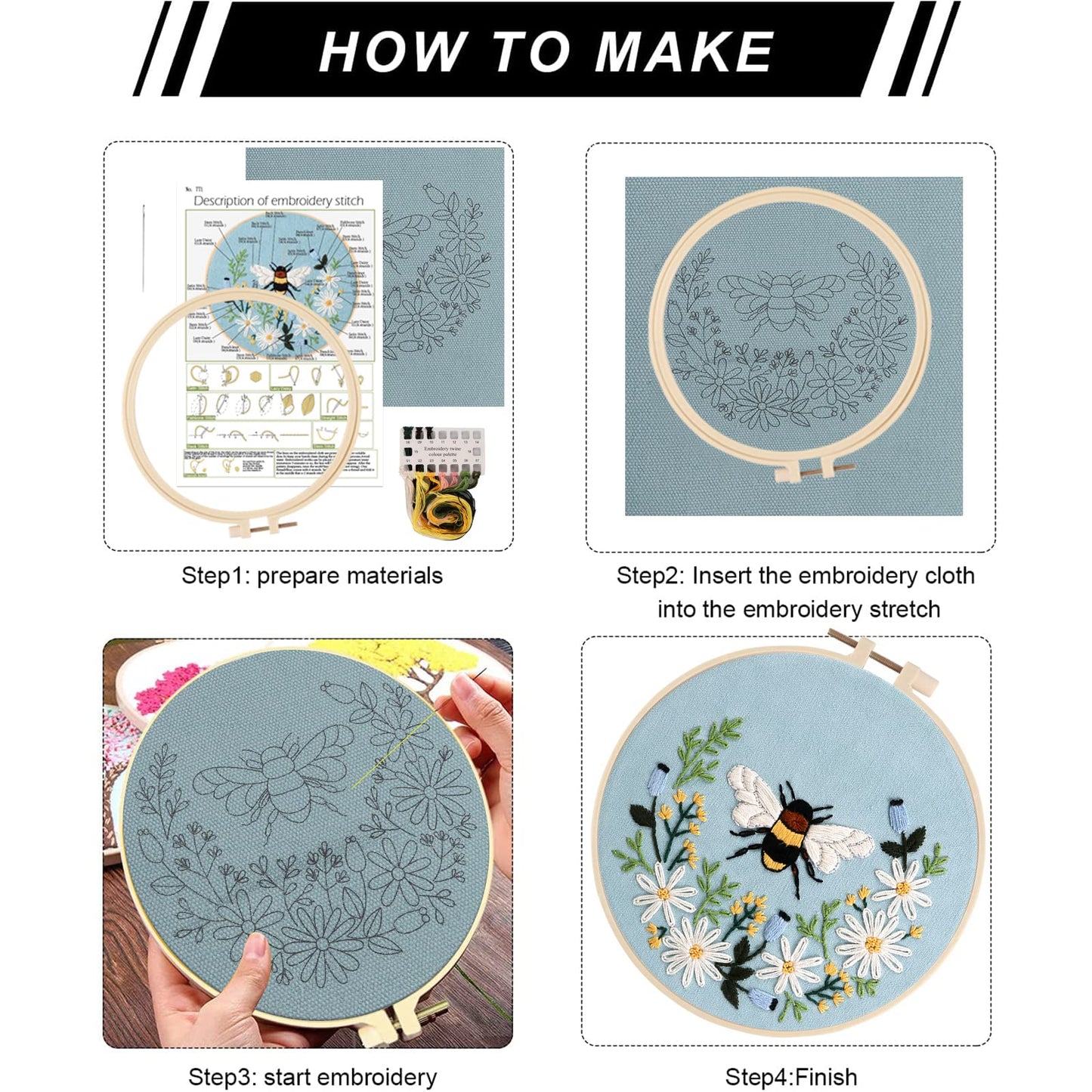Lukinbox Embroidery Starter Kit for Beginners, 3 Sets Cross Stitch Kits for Adults, Include Embroidery Clothes with Cute Bees and Flowers Patterns, 1 Embroidery Hoop, Threads, Needles and Instruction