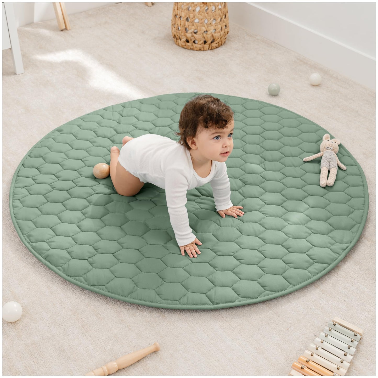 Comfy Cubs Round Kids Play Mat - Medium 48 inches Soft Quilted Baby Floor Mat with Non-Slip Bottom - Plush Design for Toddlers' Playtime - Comfortable and Durable - Fern