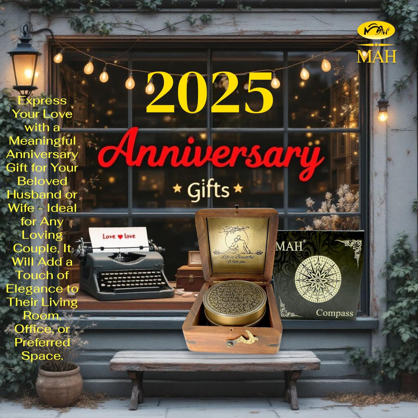 Anniversary Brass Sundial Compass Gift for Him or Her – Keepsake for Husband, Wife or Couple – 50th 40th 25th 20th 1st Year Wedding or Love Celebration – Engraved or Embossed Romantic Quote Compass