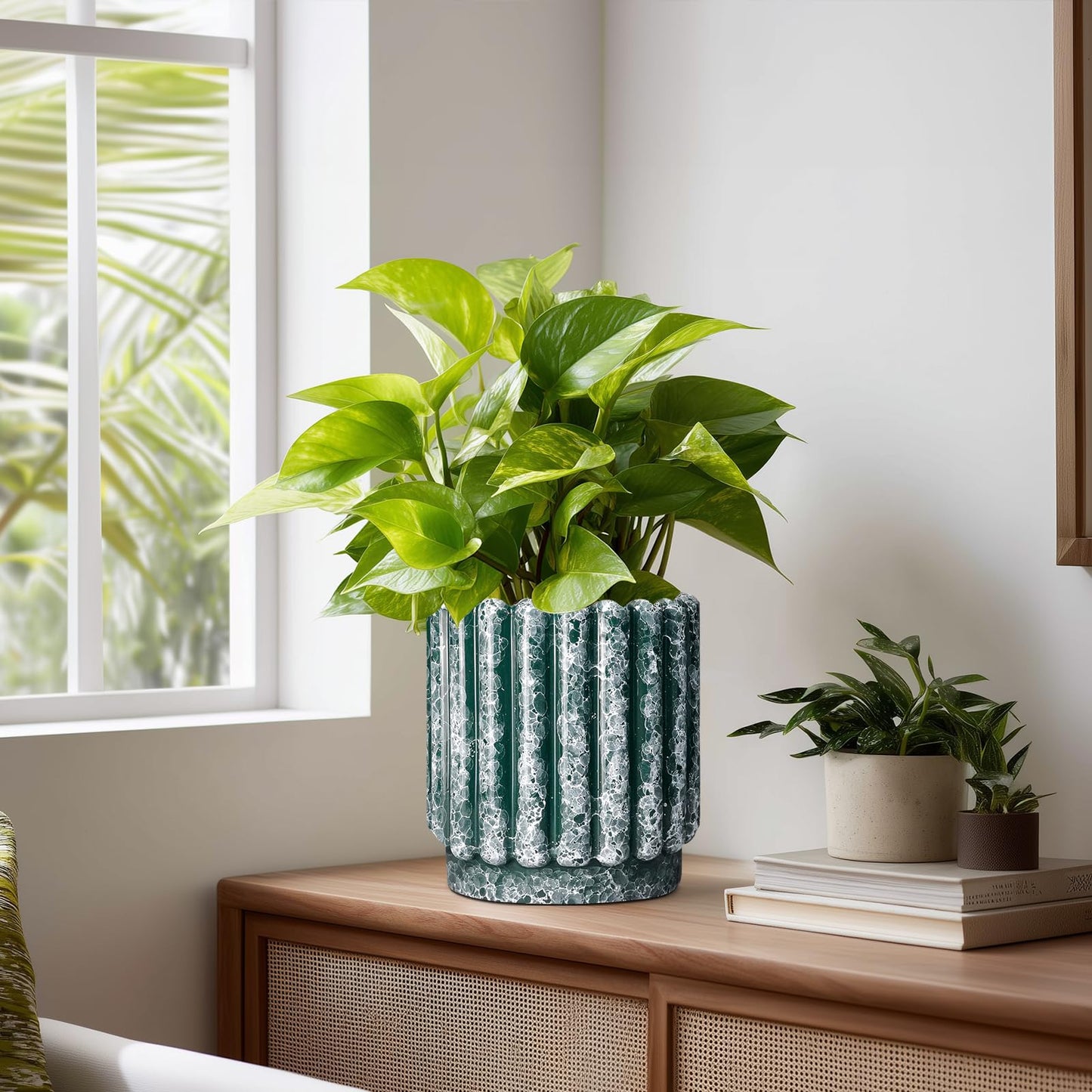 Ceramicfor Ceramic Flower Pots 7.6 Inch - Ceramic Planters for Indoor Outdoor Plants, Decorative Plant Pot with Drainage Hole, Round Fluted Planter, Home Room Decor, Housewarming Gifts, Green