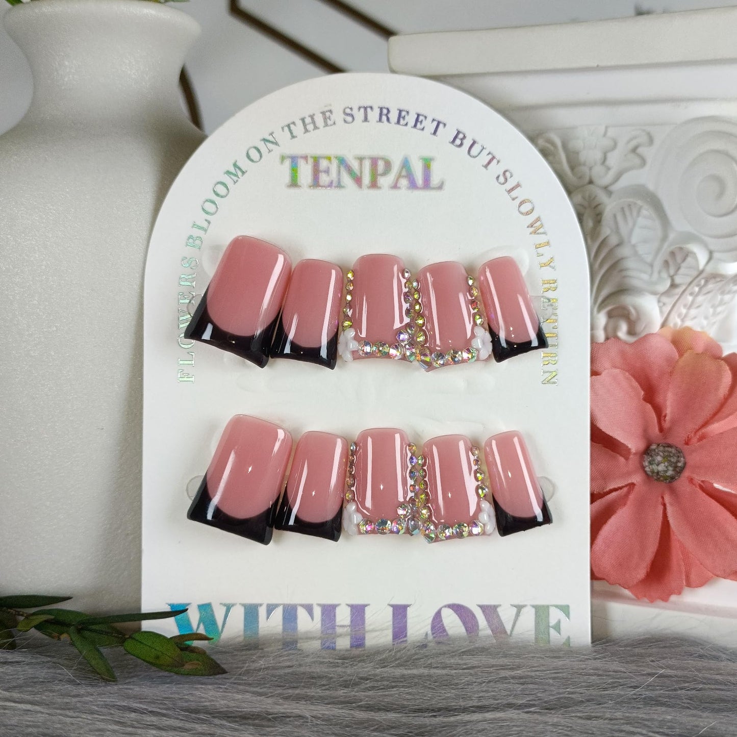 TENPAL Handmade Duck Nails Press on,Pink & Black French Tip Duckbill Tips with Rhinestone Edge,10PCS Glossy Glue on Nails Kit,Glitter Acrylic False Nails with Design,Y2K Punk Fake Nail for Women(S)