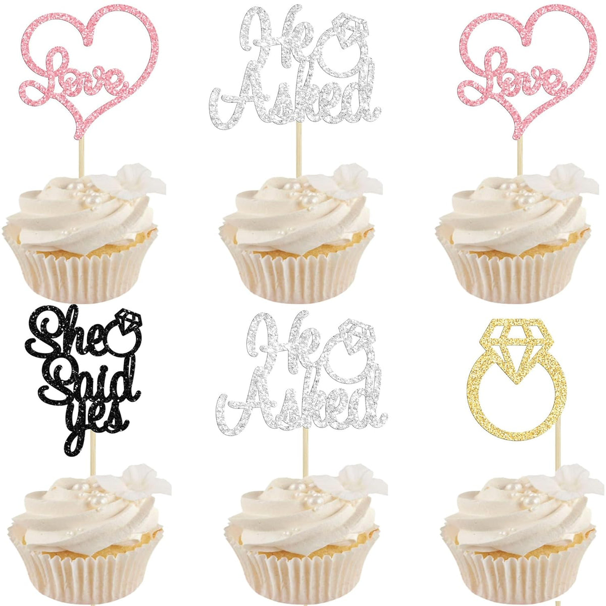Gyufise 24 Pack Multicolor Glitter He Asked She Said Yes Cupcake Toppers Diamond Ring Heart Cake Picks for Wedding Engagement Party Table Decorations